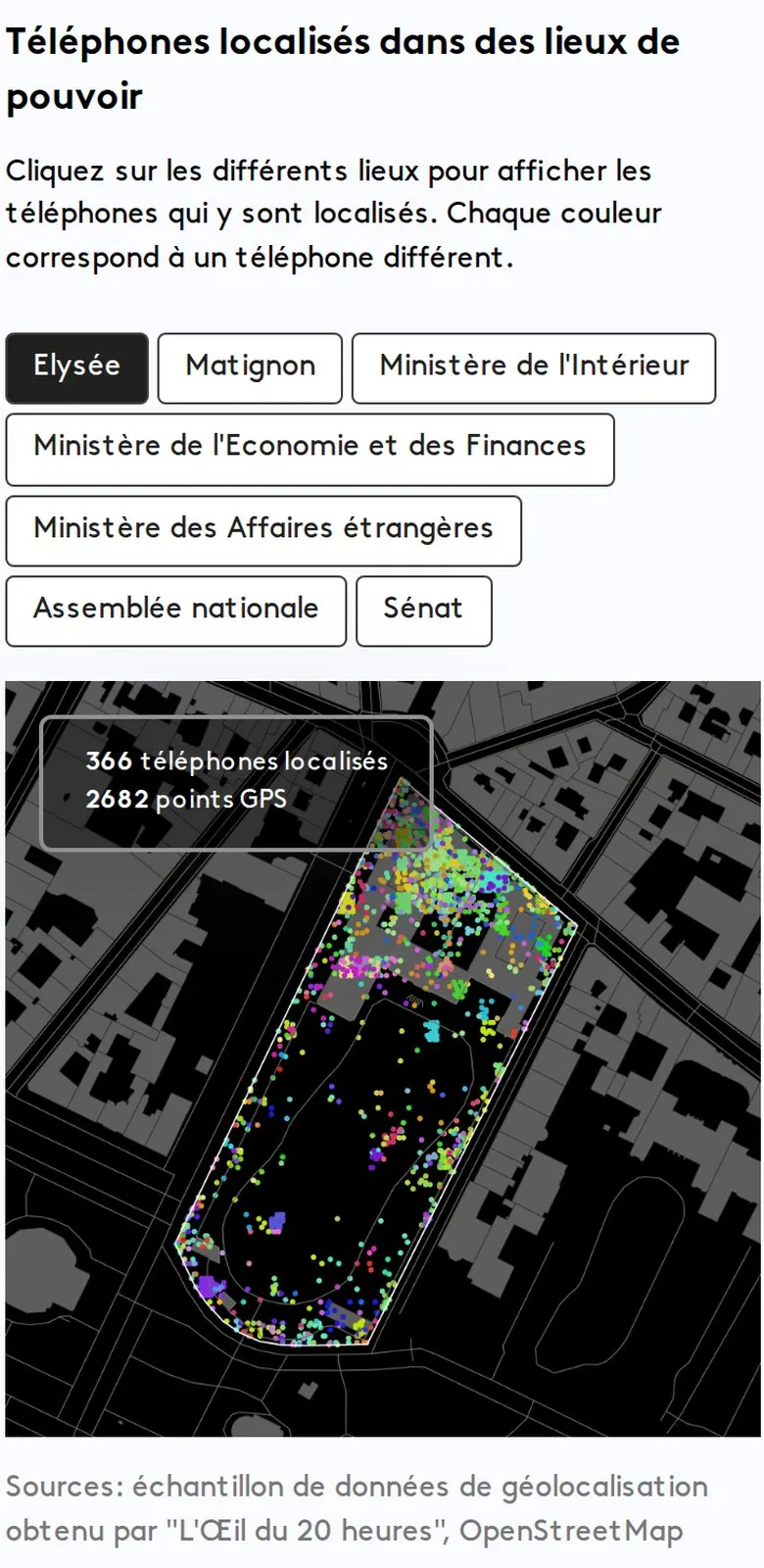 Infographie franceinfo : Téléphones localisés dans les lieux de pouvoir